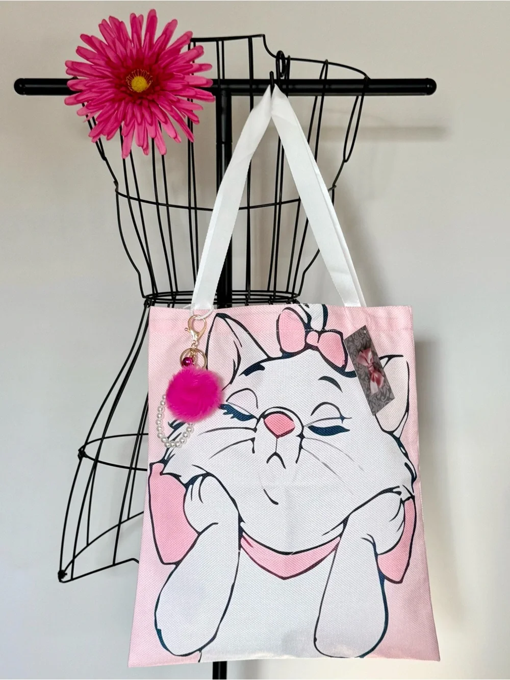 New Aristocats Marie White Cat Pink Shopping Bag Purse Tote w/ Charm - 16”
